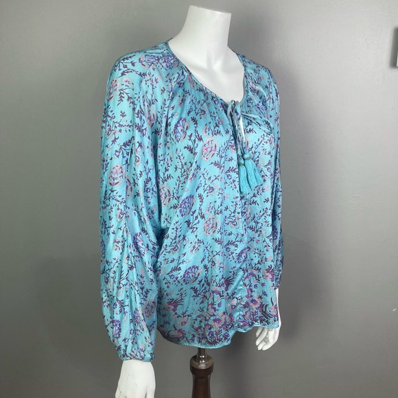 Sundance top blouse XS peasant floral blue dolamon boho silk blend - Picture 2 of 11
